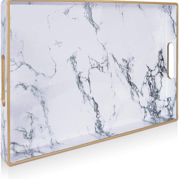 White Serving Tray, Marble Serving Trays with Handles,Rectangular Coffee Table O - Picture 1 of 7